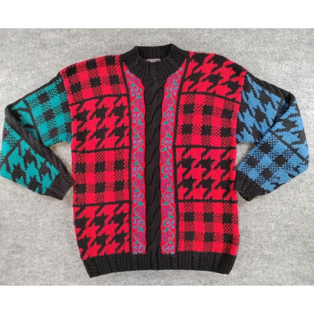Vintage 90's Woolrich L Handknit Patchwork Sweater Crewneck Houndstooth Cable